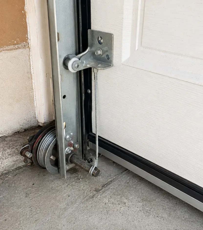 Close view of garage door track and cable restoration in Plainfield Indiana