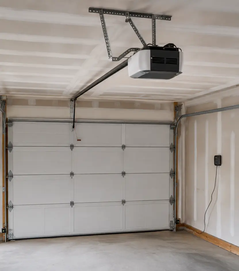 Close view of garage door track and cable restoration in Plainfield Indiana