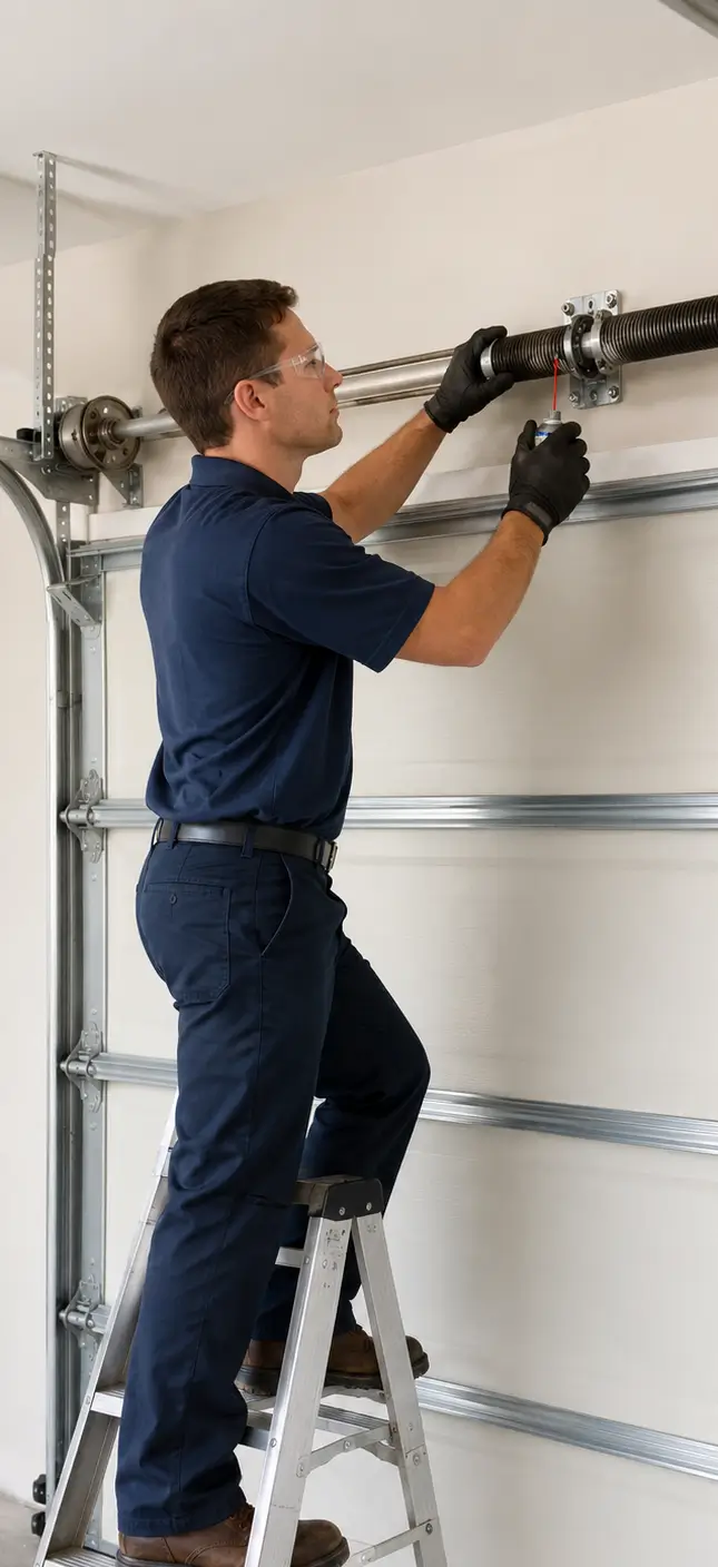 Professional technician performing garage door torsion spring maintenance
