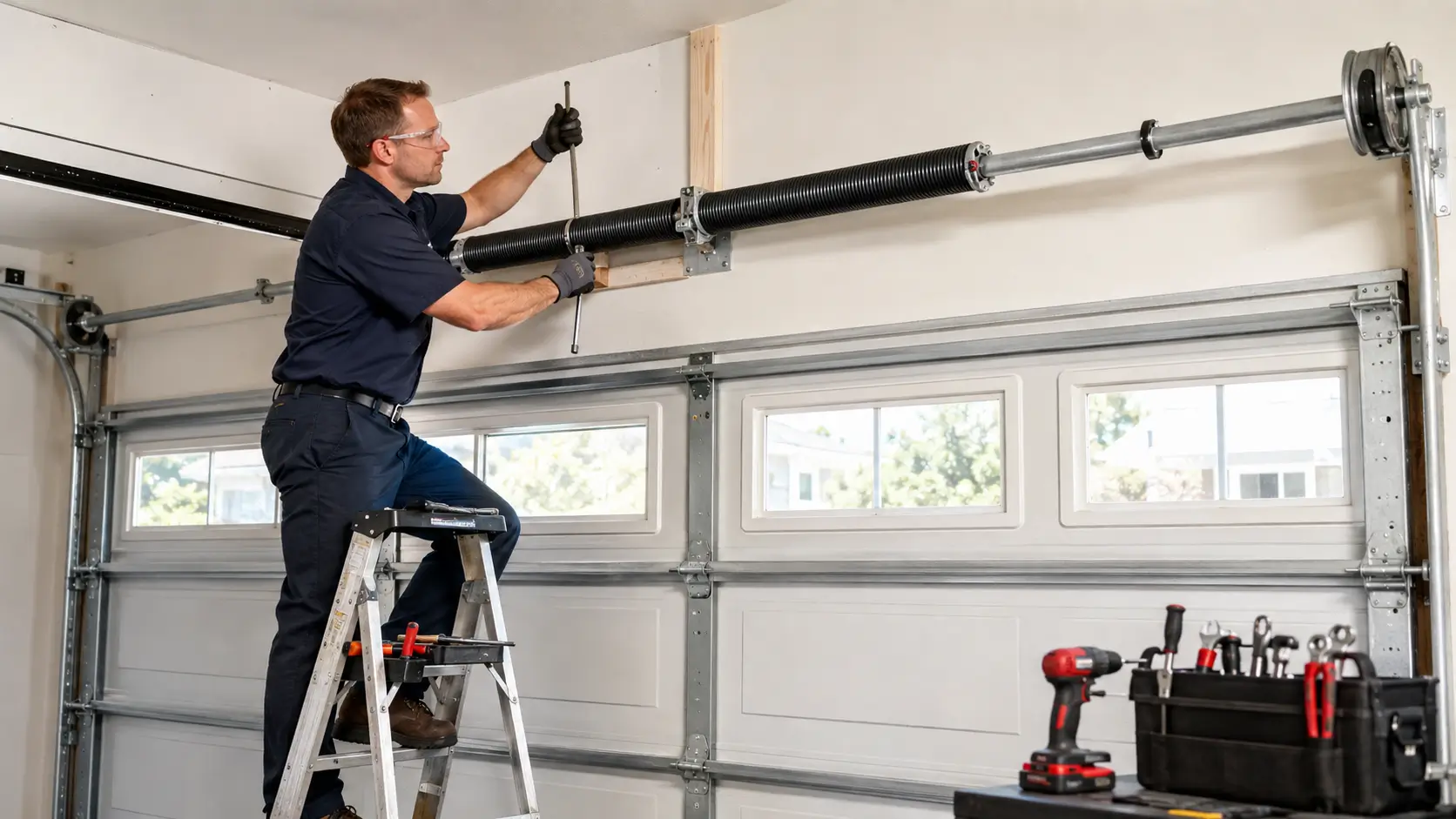 Technician completing high-tension garage door spring replacement in Plainfield Indiana